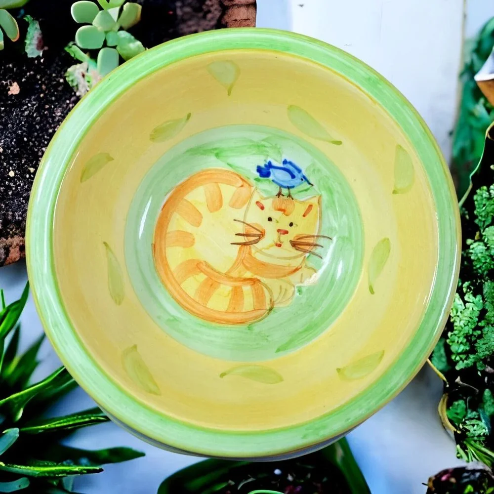 VTG Ceramic Kitty Cat Feeding Bowl/Dish Hand Painted Tabby & Bird Super Cute